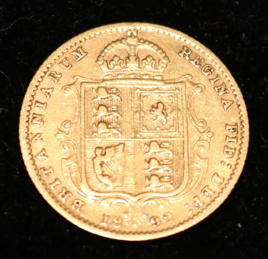 A Victoria 1892 gold shield back half sovereign.